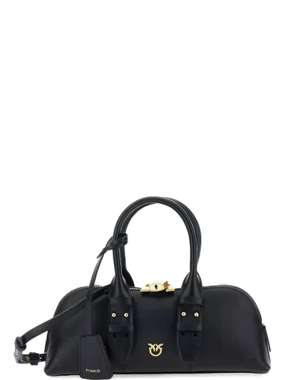 Pinko Vitello Leather Bowling Bag With Dual Handles And Detachable Strap In Black