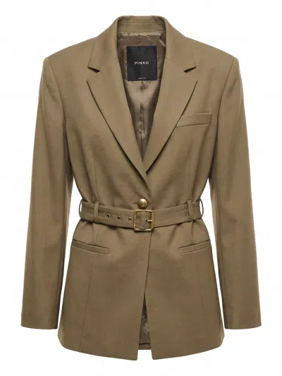 Pinko Belted Single-breasted Blazer In Neutral