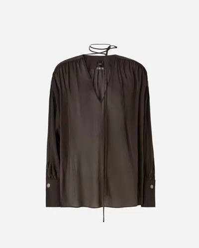 Pinko - V-neck Blouse With Gathering - M In Brown