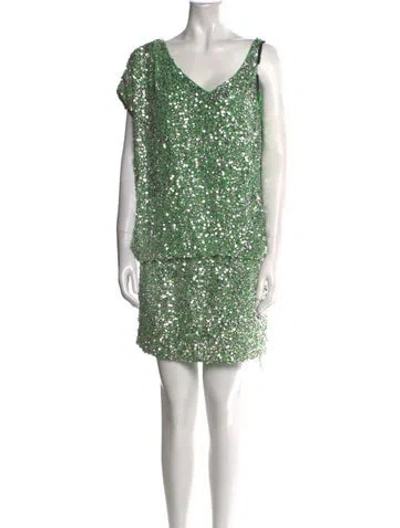 Pre-owned Pinko V-neck Mini Dress In Green