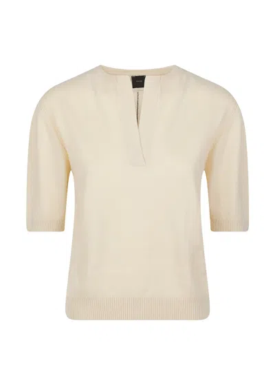Pinko Wool And Cashmere Crewneck Jumper With Short Puff Sleeves In Neutral