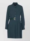Pinko Waist Belt Long Sleeve Pleated Dress In Blue