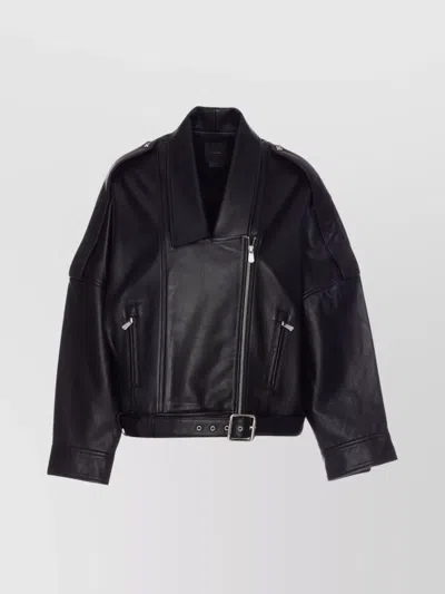Pinko Waist Belted Jacket With Epaulettes And Pockets In Black