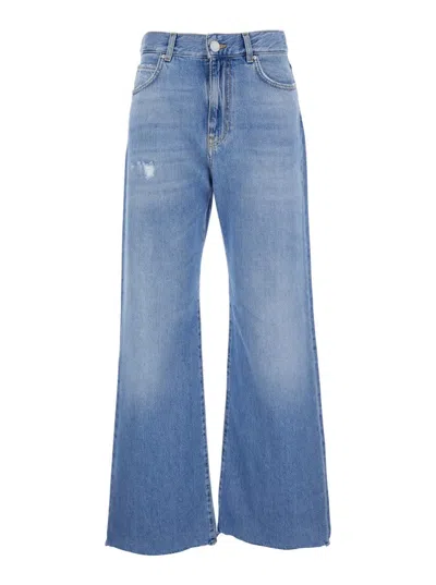Pinko 'wanda' Blue High Waisted Jeans With Ripped Detail On The Front And Logo Patch On The Rear
