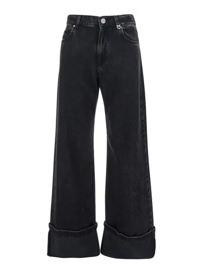 PINKO 'WANDA' BLACK JEANS WITH LOGO PLAQUE ON THE LOOP AND TURN-UP HEM IN DENIM WOMAN