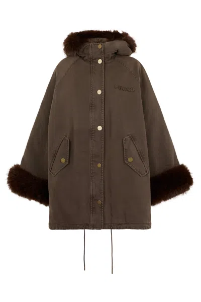 Pinko Warm Hooded Jacket With Faux Fur Sleeves And Button Front In Multi
