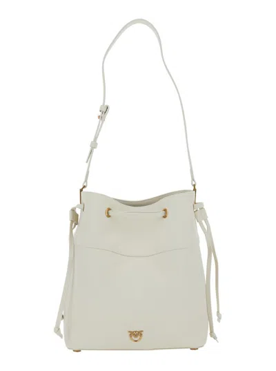 PINKO WHITE BUCKET BAG WITH METALLIC LOVE BIRDS LOGO ON THE FRONT IN HAMMERED LEATHER WOMAN