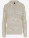Pinko Textured Knit White Sweater With Stylish Collar In Gold