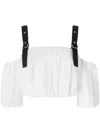 Pinko Cropped Beige Top With Puff Sleeves And Adjustable Straps In White