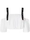 Pinko Cropped Beige Top With Puff Sleeves And Adjustable Straps In White