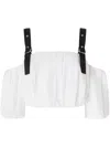 Pinko Cropped Beige Top With Puff Sleeves And Adjustable Straps In White