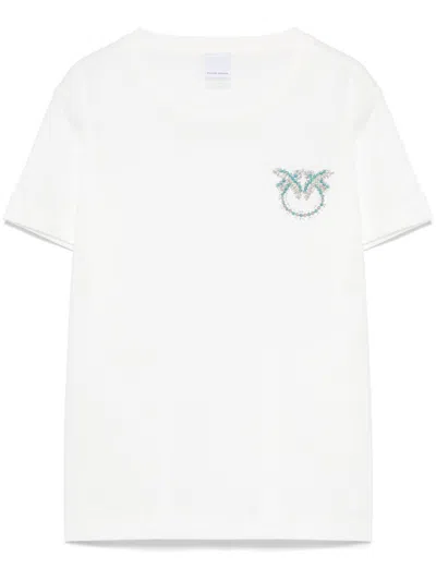 Pinko White Crew Neck T-shirt With Decorative Embellishment In Bianco-biancaneve