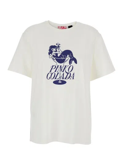 Pinko White Crewneck T-shirt With Print On The Front In Cotton Woman