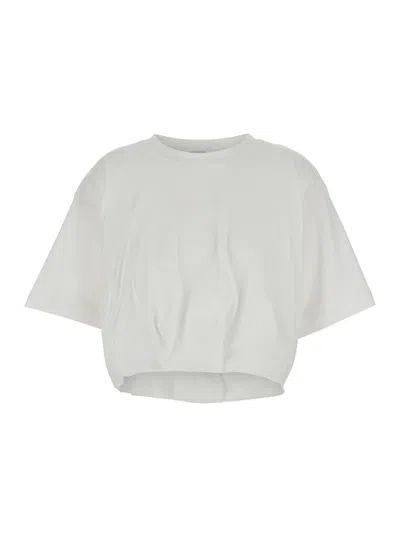 PINKO WHITE CROP T-SHIRT WITH LOGO ON THE FRONT AND GATHERS
