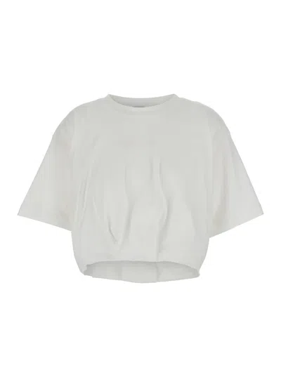Pinko White Crop T-shirt With Logo On The Front And Gathers In Cotton Woman