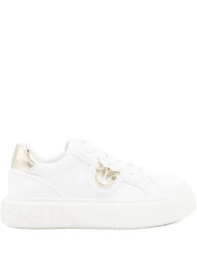 Pinko Yoko White Sneakers With Love Birds Logo Plaque And Contrasting Heel In Leather Blend Woman