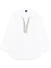 Pinko White Shirt With V Neck Collar And Rhinestone Embellishments On The Front In White