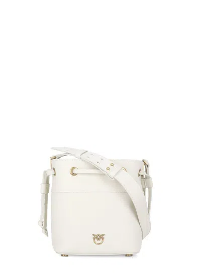 PINKO WHITE MINI BUCKET BAG WITH METALLIC LOVE BIRDS LOGO ON THE FRONT