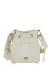Pinko White Mini Bucket Bag With Metallic Love Birds Logo On The Front In Hammered Leather Woman In Bianco Seta-antique Gold