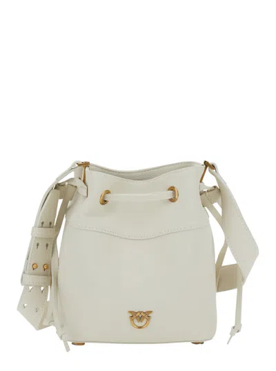 Pinko White Mini Bucket Bag With Metallic Love Birds Logo On The Front In Hammered Leather Woman In Bianco Seta-antique Gold