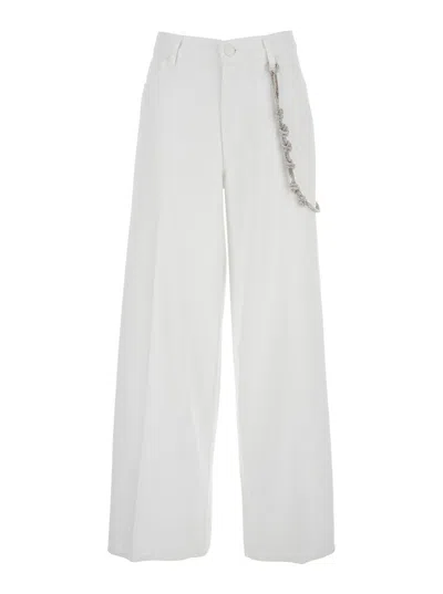 Pinko White Pants With Logo Patch On The Back And Chain Detail With Rhinestones In Cotton Blend Woman