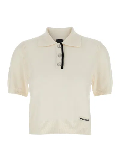 PINKO WHITE POLO SHIRT WITH LOGO PATCH ON THE FRONT AND RIBBED DETAILS IN WOOL WOMAN