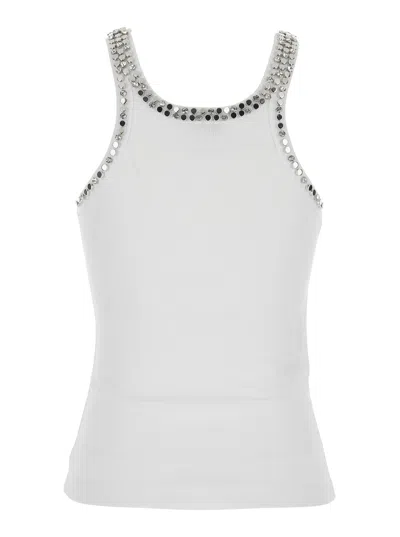 Pinko White Ribbed Knit Sleeveless Top With Stud Embellishments And In Cotton Woman