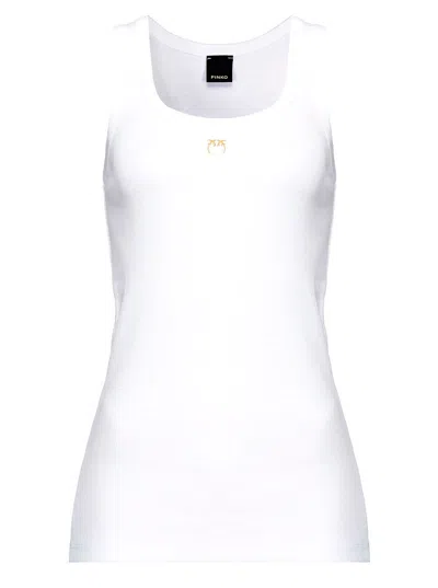 Pinko White Ribbed Tank Top With Front Logo Embroidery In Stretch Cotton Woman