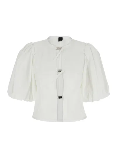 Pinko White Shirt With Balloon Sleeves And Buckles On The Front In Cotton Woman