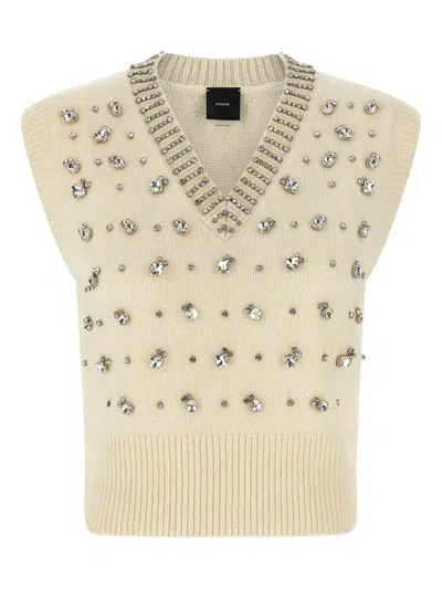 Pinko White Sleeveless V-neck Wool-blend Blouse In Multi