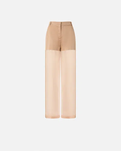 Pinko Wide-leg Trousers In Sheer Organza And Linen In Marron - Grive