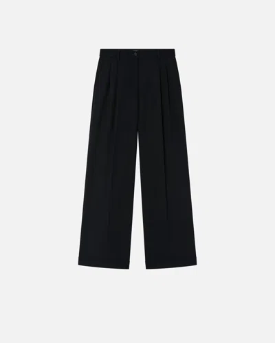 Pinko Wide Pleated Trousers In Wool Twill In Limo Black