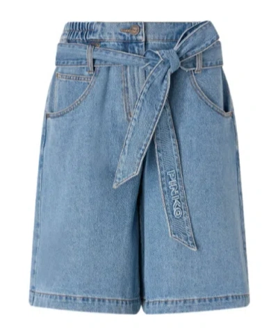 Pinko Wide-leg Denim Bermuda Shorts With Belt In Blue