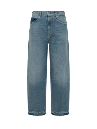 Pinko Wide-leg Denim Jeans With Frayed Hem In Animal Print