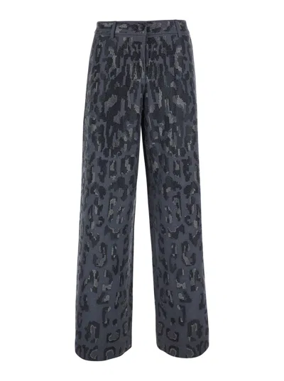Pinko Wide-leg Trousers With Leopard Motif And Rhinestone Embellishment In Stretch Tech Fabric In Gray