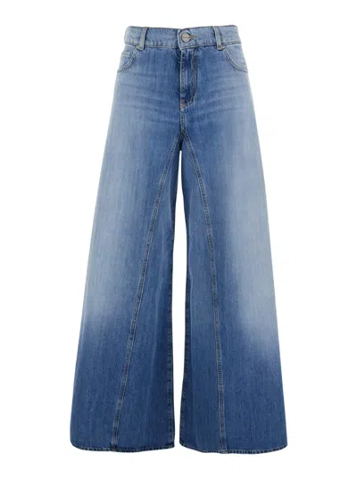 Pinko Winona Blue Jeans With Wide Leg And Love Birds Embroidery On The Rear In Denim Woman