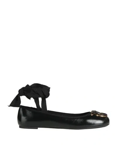 PINKO PINKO WOMAN BALLET FLATS BLACK SIZE 7 LEATHER, TEXTILE FIBERS