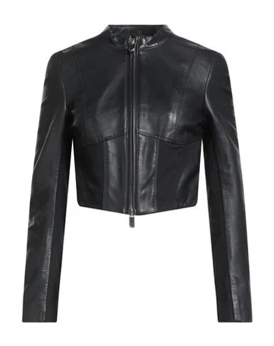 Pinko Woman Jacket Black Size 6 Lambskin, Cotton, Elastane