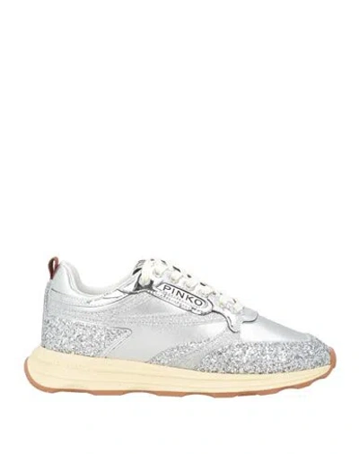 Pinko Woman Sneakers Silver Size 8 Leather, Nylon