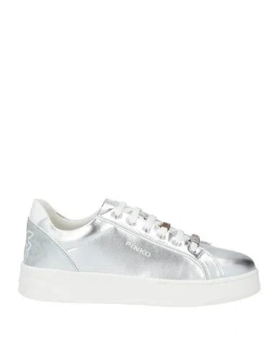 Pinko Woman Sneakers Silver Size 9 Leather, Synthetic Material In White