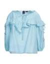 Pinko Solid Color Cotton And Silk Bones Blouse With Ruffles In Blue