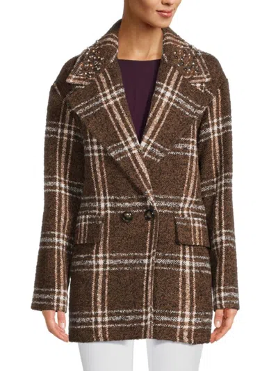 Pinko Double-breasted Check Coat In Brown Polyester In Brown White