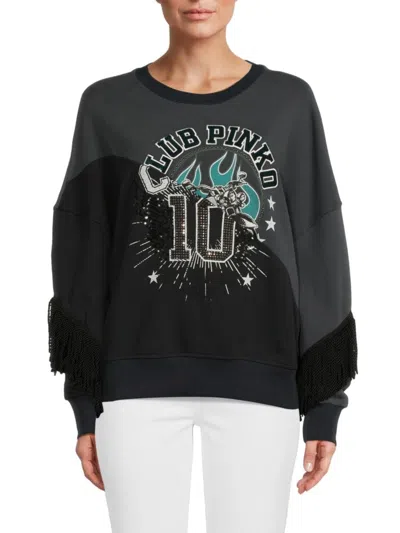 Pinko Women's Club  Graphic Crewneck Sweatshirt In Black Grey