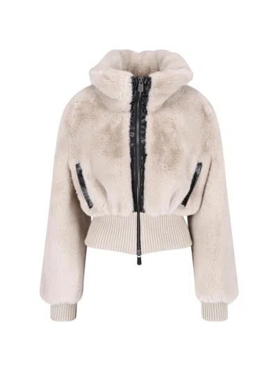 Pinko Beige Faux Fur Bagels Bomber Jacket In Neutral