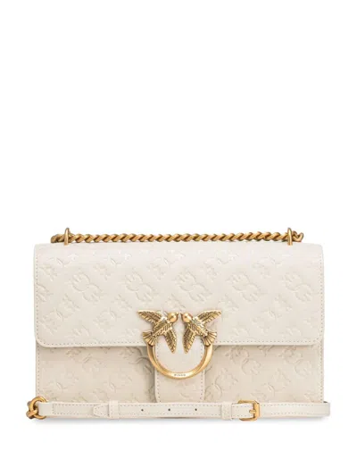 Pinko Women's White Leather Bag With Logo In Bianco,gold