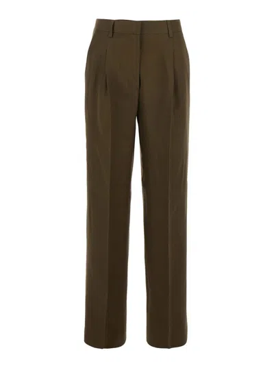 PINKO GREEN PANTS WITH BELT LOOPS AND PLEATS IN VISCOSE AND LINEN BLEND WOMAN