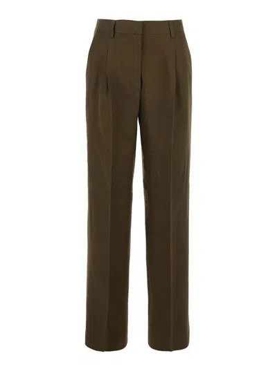 PINKO GREEN PANTS WITH BELT LOOPS AND PLEATS IN VISCOSE AND LINEN BLEND WOMAN