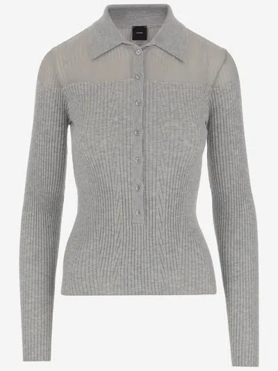 Pinko Ribbed Spread Collar Polo Top In Grey