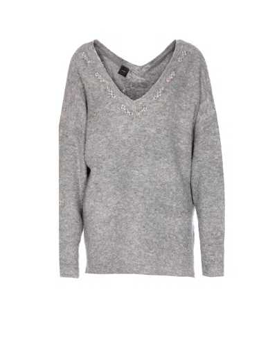 Pinko Wool Blend Sweater With Jewel Embroidery In Gray