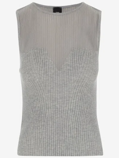 Pinko Wool Blend Tank Top With Logo In Grey